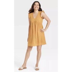 Knox Rose Womens XXL Dress Sahara Gold Ruffle Short Sleeve Eyelet Lined *T2